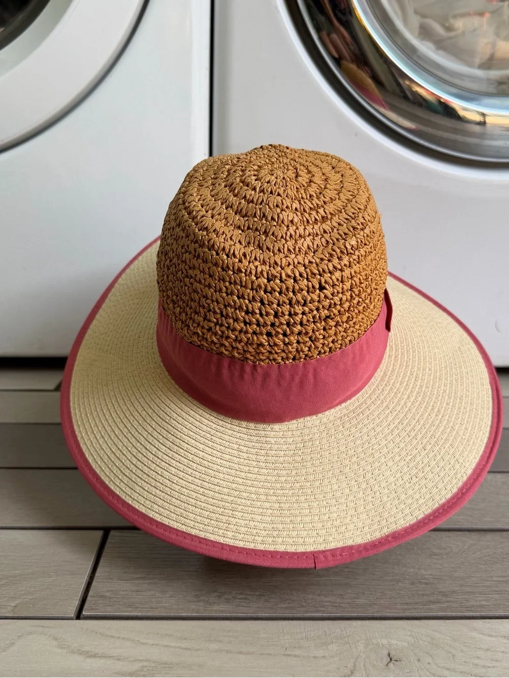 Halogen Wide Brim Sun Hat with Pink Trim and Natural Weave